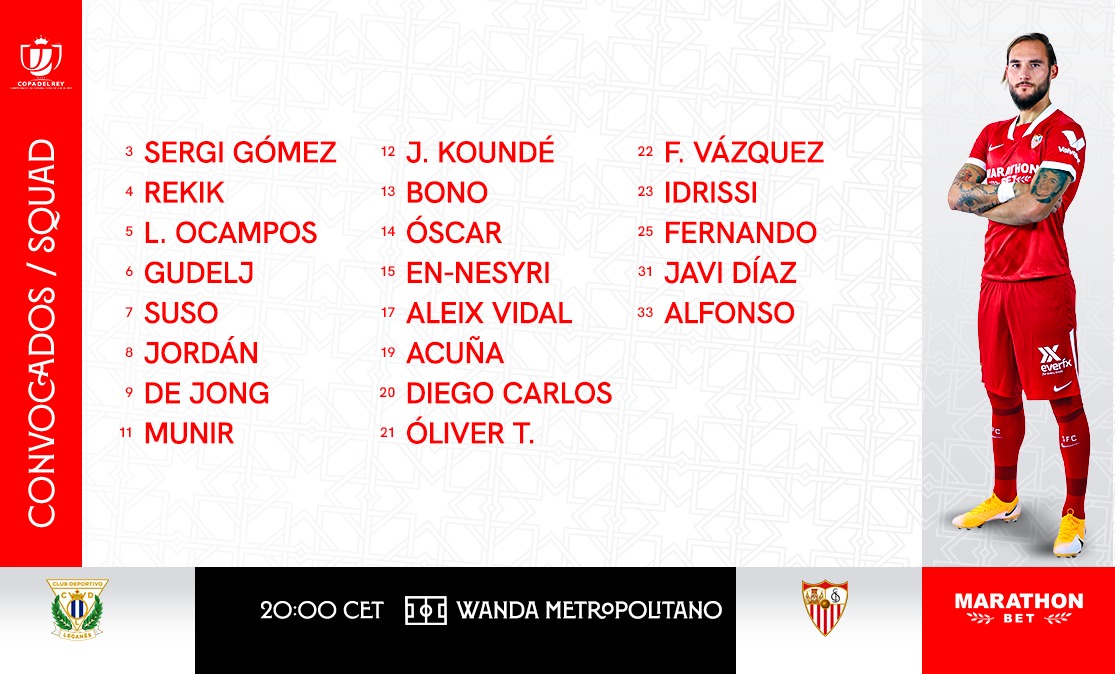 Lista de convocados para el CD Leganés- Sevilla FC
