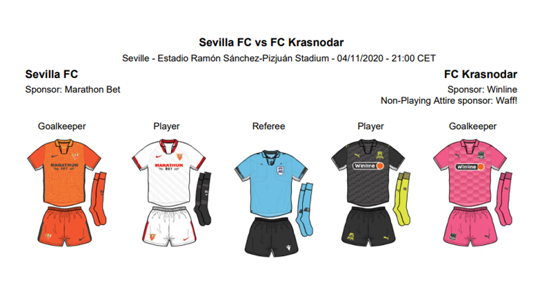 Equipaciones para el partido de Liga de Campeones entre el Sevilla FC y el FC Krasnodar