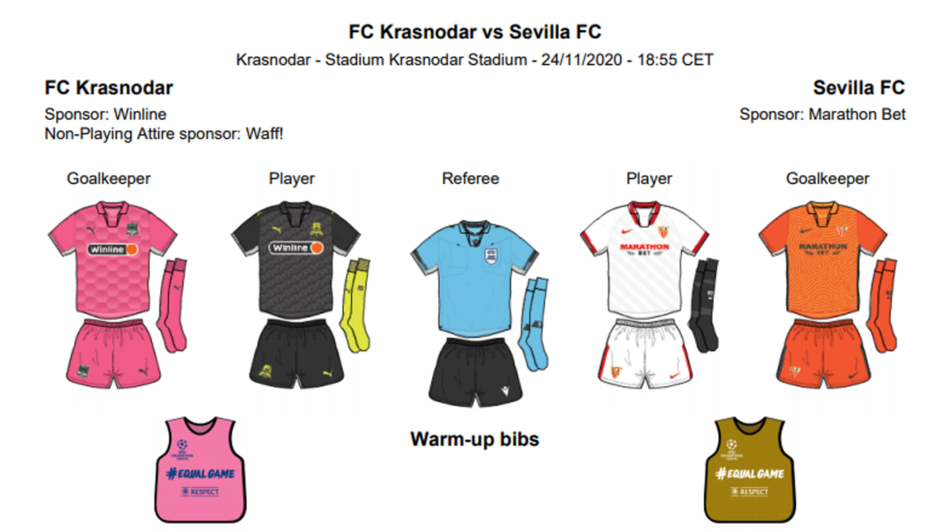 Equipaciones para el partido de Liga de Campeones entre el FC Krasnodar y el Sevilla FC