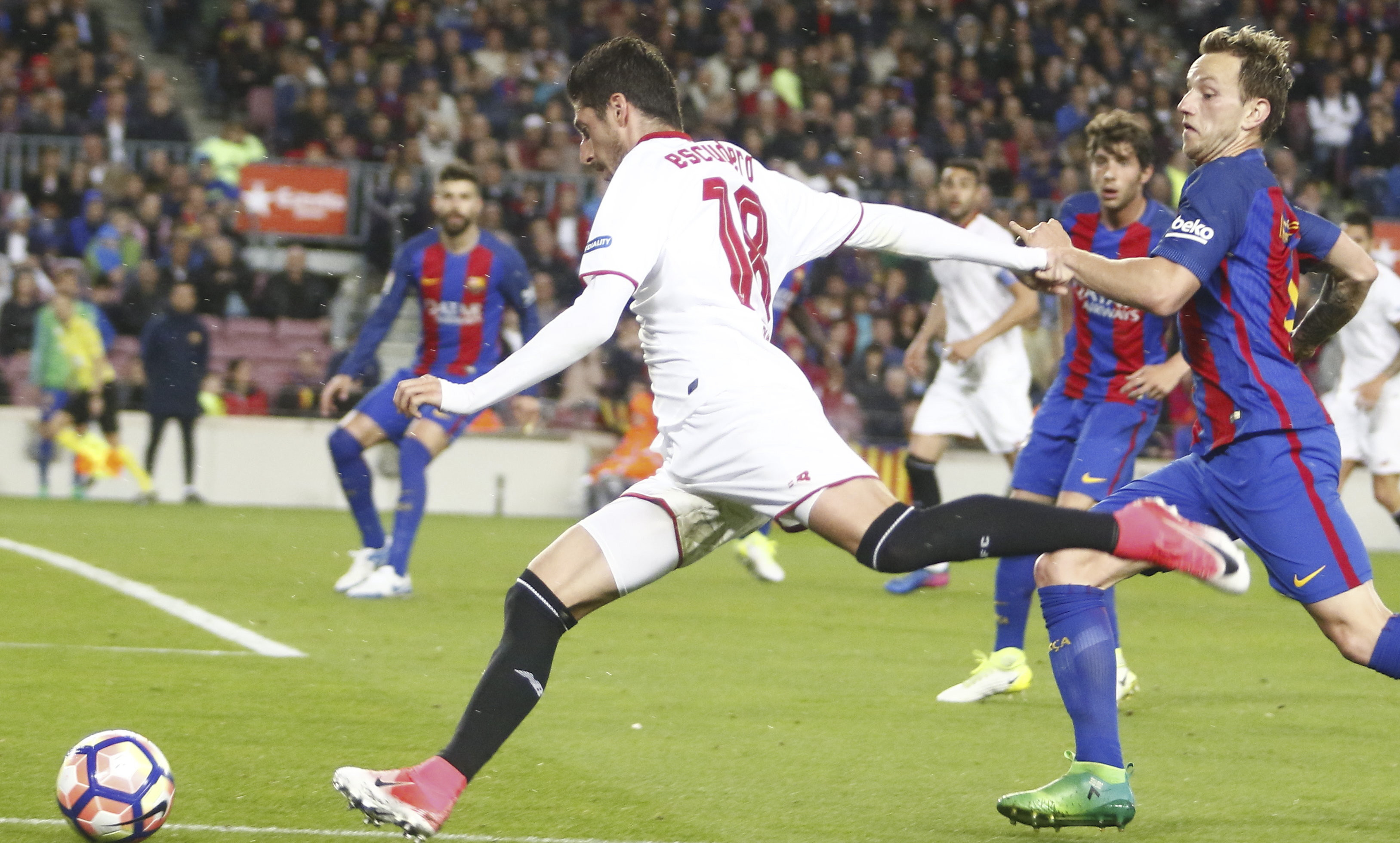 Escudero of Sevilla FC in a clash with FC Barcelona