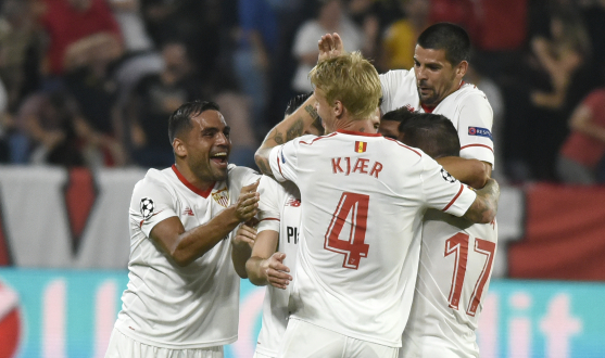Sevilla celebrate a goal in Europe