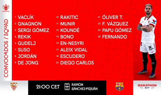 Lista de convocados para el Sevilla FC-FC Barcelona