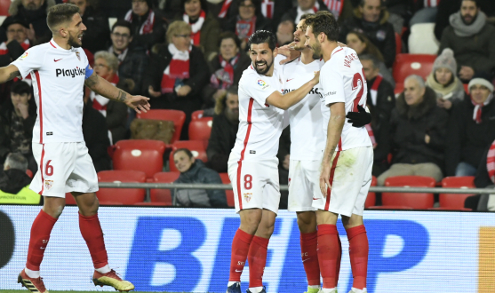 El Sevilla FC celebra un gol en Bilbao