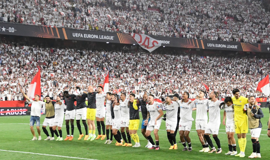 The celebrations post-match after Sevilla FC defeat United