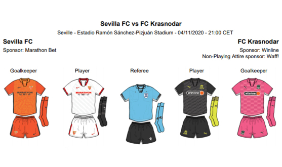 Equipaciones para el partido de Liga de Campeones entre el Sevilla FC y el FC Krasnodar