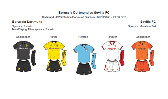 Equipaciones para el partido de Liga de Campeones entre el Borussia Dortmund y el Sevilla FC