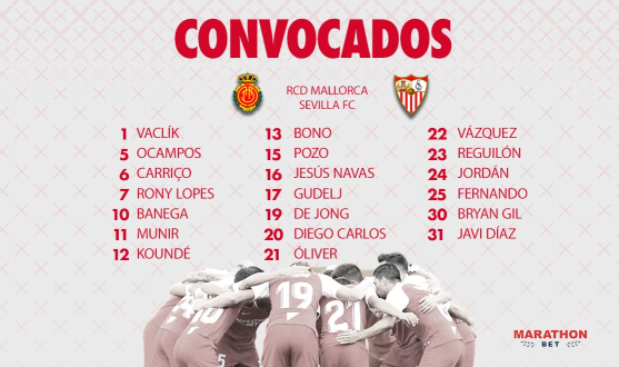 Sevilla FC's squad of 20 to face RCD Mallorca