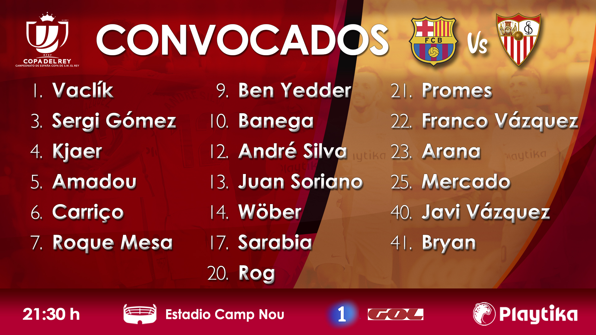 Squad for FC Barcelona-Sevilla FC