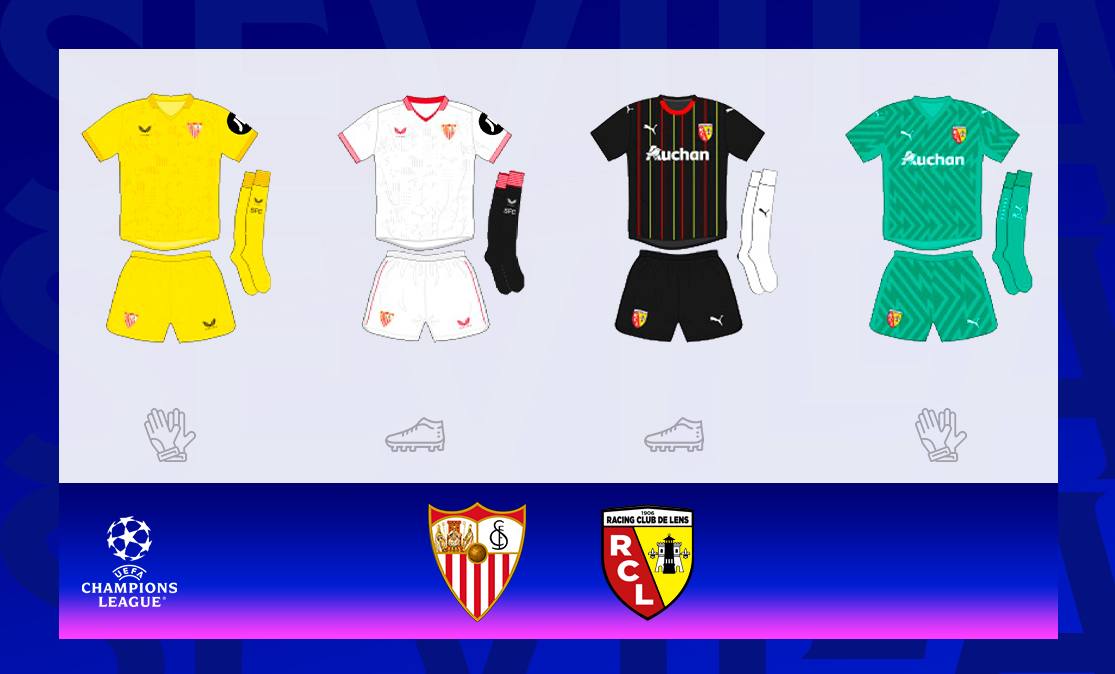 Equipaciones para el partido de UEFA Champions League entre el Sevilla FC y el RC Lens
