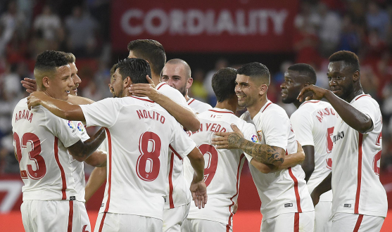 El Sevilla FC celebra un gol en el Sánchez-Pizjuán
