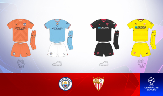Equipaciones para el partido de Liga de Campeones entre el Manchester City y el Sevilla FC