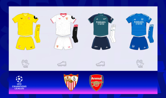 Kit selections for UEFA Champions League between Sevilla FC and Arsenal FC