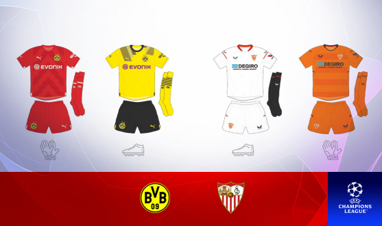 Equipaciones para el partido de Liga de Campeones entre el Borussia Dortmund y el Sevilla FC