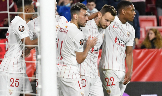 The team celebrate the first goal against Dinamo