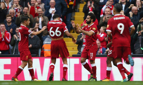 Salah celebra el gol del Liverpool