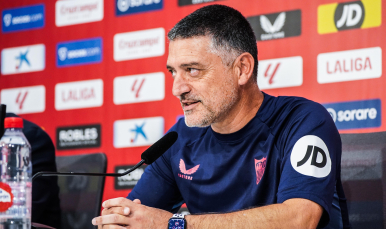 Imagen de García Pimienta en la rueda de prensa previa al Deportivo Alavés