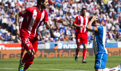 Nico Pareja durante el Espanyol-Sevilla de la Jornada 36 en Primera División