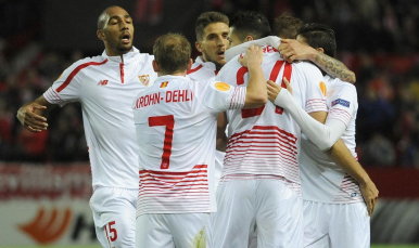 Carriço celebra el gol  en el Sevilla FC-Molde FK