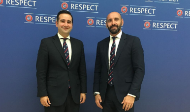 Monchi y Jesús Arroyo en el sorteo de Nyon