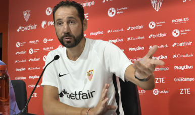 Pablo Machín en la sala de prensa del Ramón Sánchez-Pizjuán