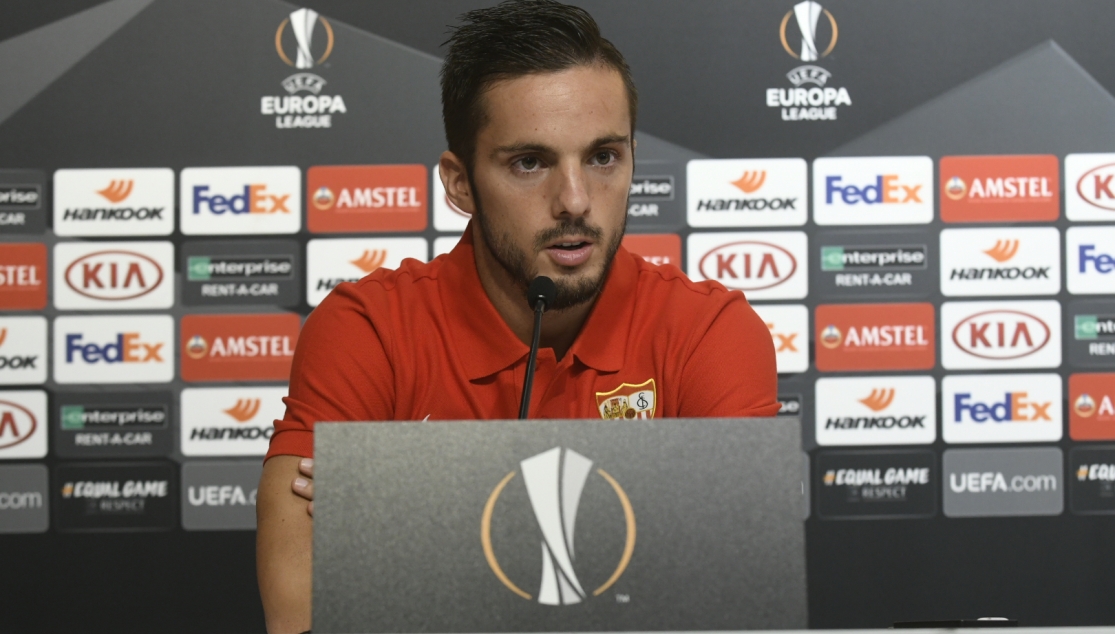 Pablo Sarabia, en rueda de prensa de la UEFA Europa League